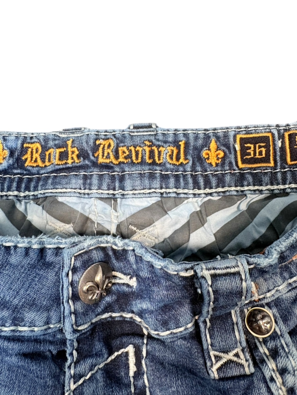 Rock Revival Jeans Sz36 Bootcut Distressed Fleur De Lis Embroidered Thick Stitch - Picture 10 of 16